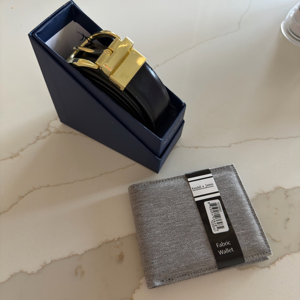 Elegant Black Belt with Gold Buckle and Gray Wallet Set